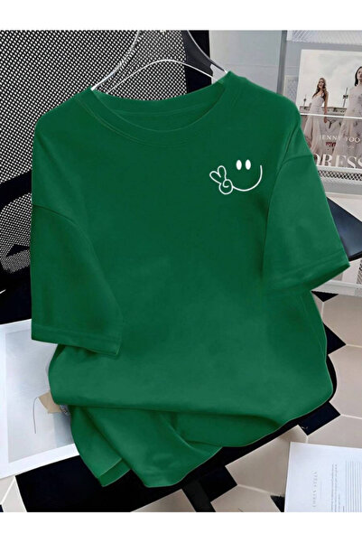 MOONBULL Tricou oversize unisex cu imprimeu Smiling Face pe pieptul stâng