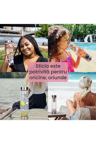 GlowforHome Sticla reutilizabila cu cristale naturale active, GlowforHome, 500 ml, Husa Protectie, Quartz Roz