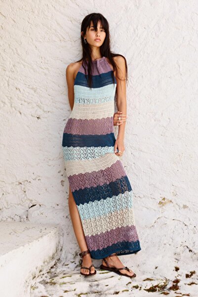 Pull & Bear Çizgili kroşe midi elbise