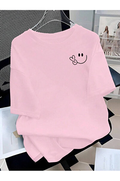 MOONBULL Tricou oversize unisex cu imprimeu Smiling Face pe pieptul stâng