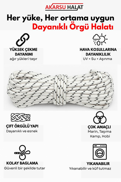AKARSU HALAT Dayanıklı Çift Örgülü Çok Amaçlı İskota Halat - 20 MT 3MM - iP - Çekme - Bağlama - Kamp - Marin