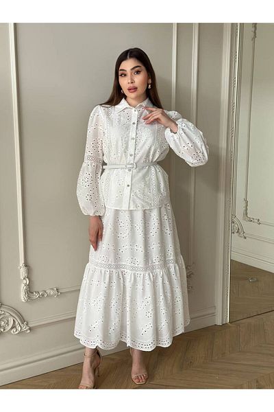 My twins Ewas Design Midi Length Skirt Shirt Stoned Belted Fisto Women's Double White Suit