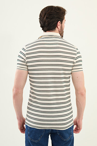 Mcr Ανδρικό T-Shirt με ριγέ Slim Fit Polo Collar Ecru-Green - 36852.25Y