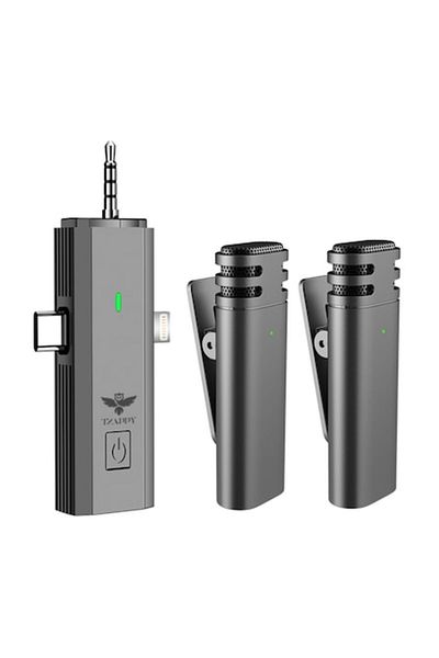 Tzappy Set 2 Microfoane Profesionale Lavaliera, Tzappy, USB C, 3.5 Jack, Lightning, WiFi, 2.4 GHz, Reincarc