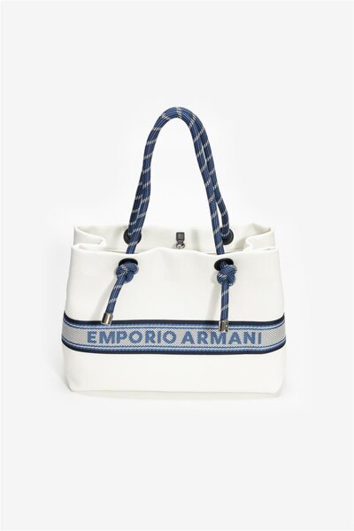 Emporio Armani Kadın Şerit Çizgili Marka Logolu Ekstra İç Bölmeli Beyaz Omuz Çantası Ew000360 Af14787-u0005