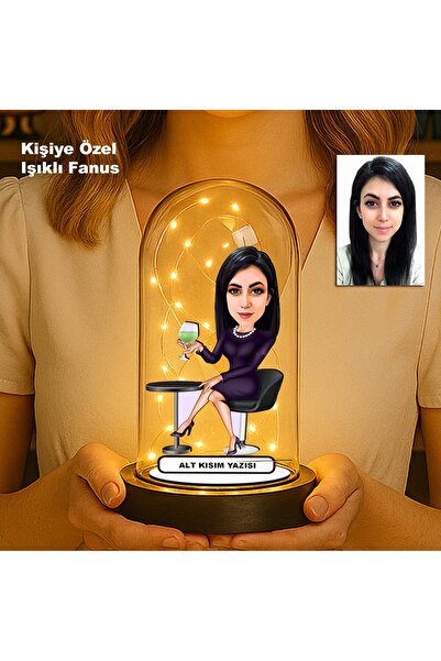 MK Sanart Kişiye Özel Kadın Karikatür Fanus | Işıklı Biblo | Özel Tasarım Hediye