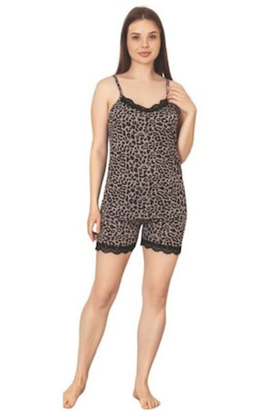 BARAY TEKSTİL Set pijama dama satinata, animal print, set 2 piese cu maiou si pantaloni scurti, M