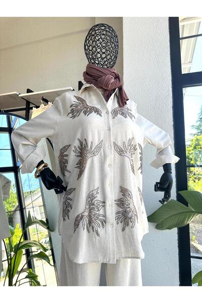 Orfeo Negro Yapraklı Taşlı Gömlek Krem Taş