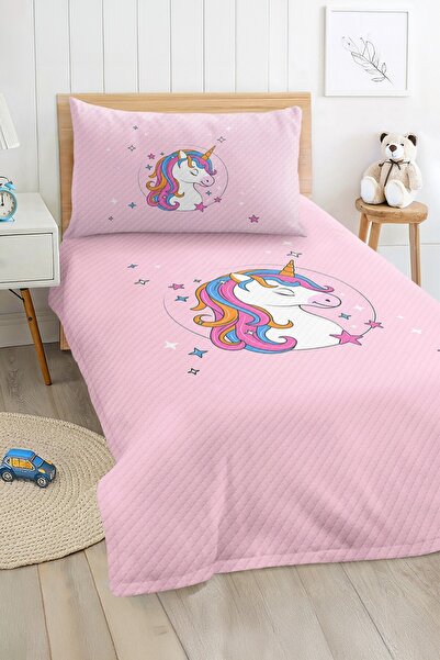 Realhomes مجموعة بيكيه مفردة مطبوعة بنمط وحيد القرن والنجمة باللون الوردي للف...