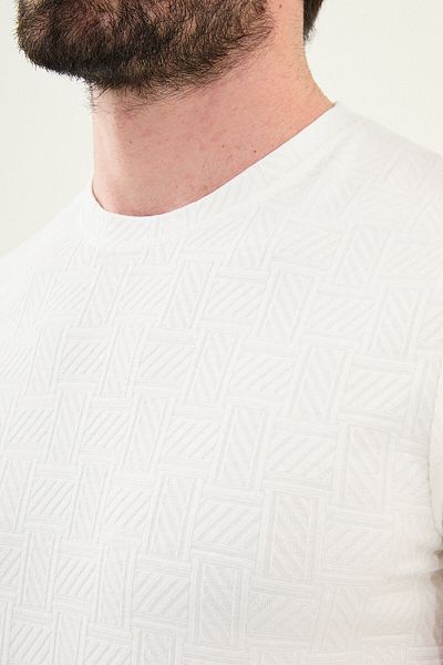 Mcr Patterned Slim Fit Crew Neck Men's T-Shirt Ecru - 36862.25Y