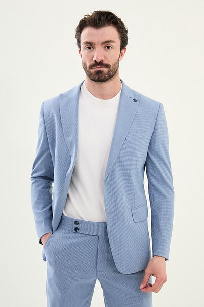 Mcr Patterned Slim Fit Wide Collar Men's Suit Blue - 45398.25Y