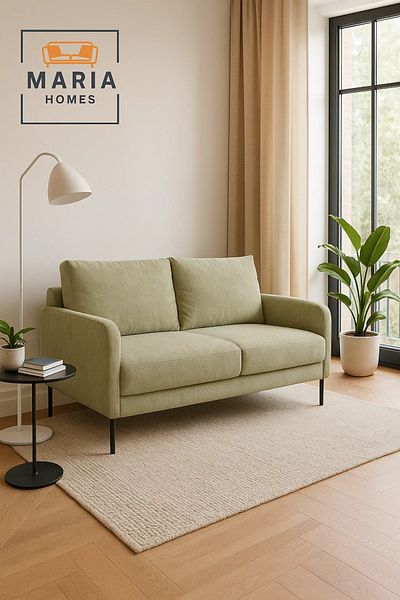 MARIA HOMES LAST HOME Modern 2-Seater Sofa – Olive Green Upholstery with Slim Black Legs