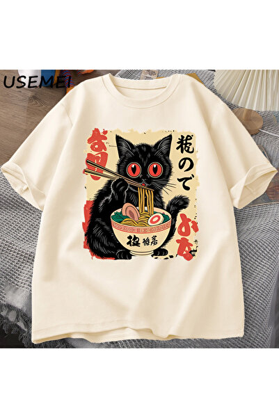 Tarzsokak تي شيرت ياباني عتيق على شكل قطة سوداء رامين تي شيرت برسومات لطيفة ت...