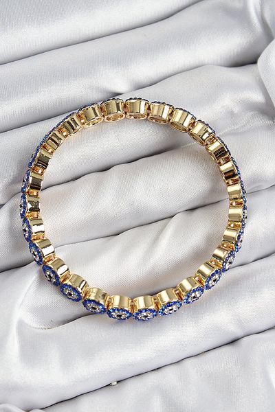 Clariss Brass Zircon Stone Navy Blue Evil Eye Model Gold Color Elastic Women's Bracelet