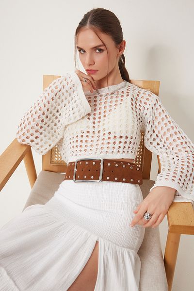 Lovelyİstanbul Spanish Sleeve Openwork Crop Knitwear Blouse Lmc0066 Cream