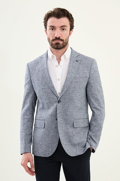 Mcr Crushed Slim Fit Mono Collar Linen Men's Jacket Navy Blue - 41453.25Y