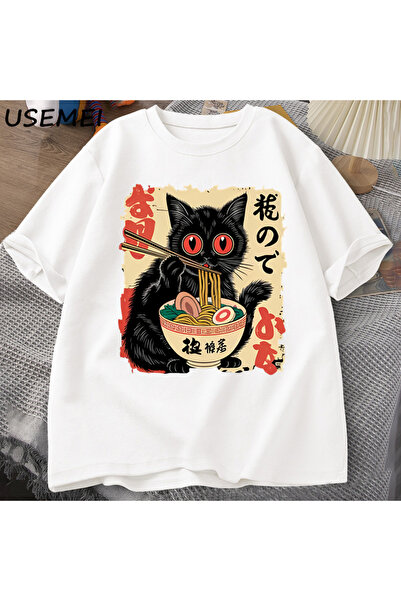Tarzsokak Vintage japanska crna mačka ramen majica, slatka grafička majica, s...