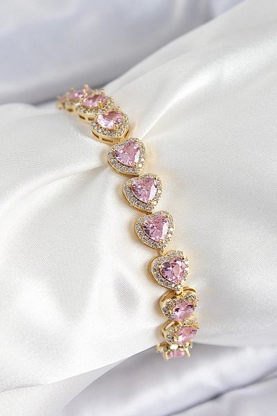 Clariss Brass Zircon Stone Pink Heart Baguette Model Gold Color Vip Series Women's Bracelet
