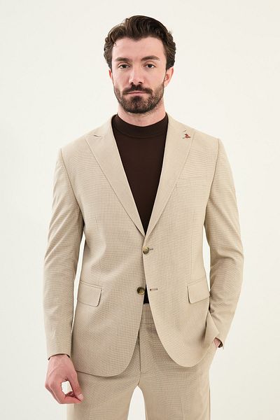 Mcr Patterned Slim Fit Wide Collar Men's Suit Mink - 45398.25Y