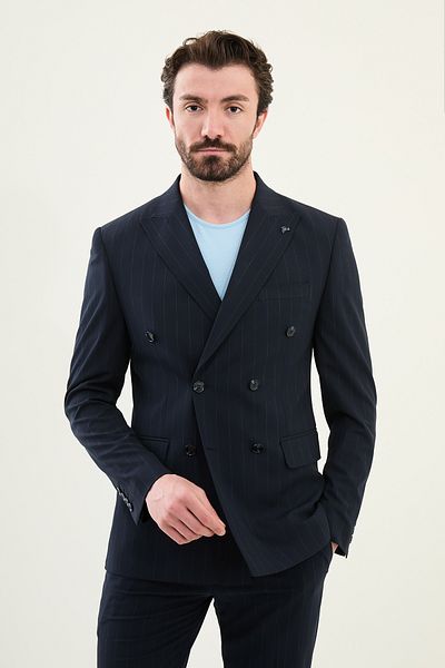 Mcr Striped Slim Fit Wide Collar Double Breasted Men's Suit Navy Blue - 45403.25Y