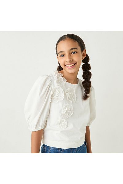 ELIGO Floral Applique Top with Puff Sleeves