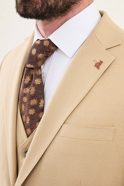 Mcr Patterned Slim Fit Mono Collar Men's Suit Beige - 45404.25Y