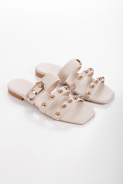 PASSAGE SHOES Women's Troc and Buckle Detailed Slippers 6330 Beige