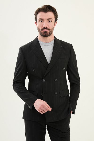 Mcr Striped Slim Fit Wide Collar Double Breasted Men's Suit Black - 45403.25Y