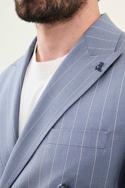 Mcr Striped Slim Fit Wide Collar Double Breasted Men's Suit Indigo - 45403.25Y