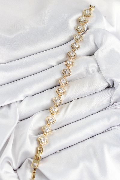 Clariss Brass Zircon Stone Clover Baguette Model Gold Color Vip Series Women's Bracelet