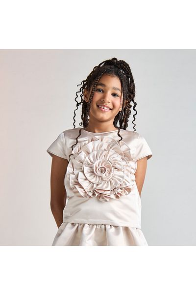 Juniors Ruffled Floral Applique Top with Short Sleeves