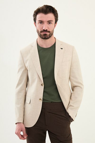Mcr Crushed Slim Fit Mono Collar Linen Men's Jacket Beige - 41453.25Y