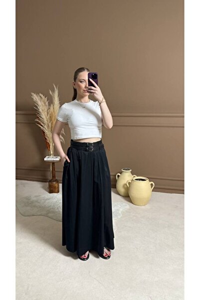 Butik 2 Kemerli Siyah Yırtmaçlı Etek