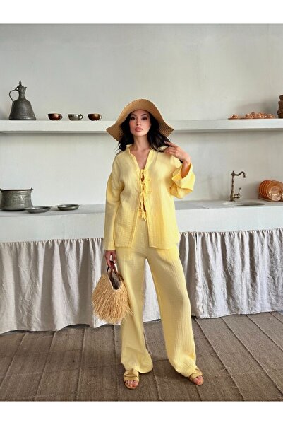 Butik Pamuk Keten İnce Takım Limon Sarısı