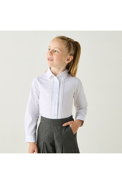 Juniors Solid Lace Detail Shirt with Peter Pan Collar and Long Sleeves