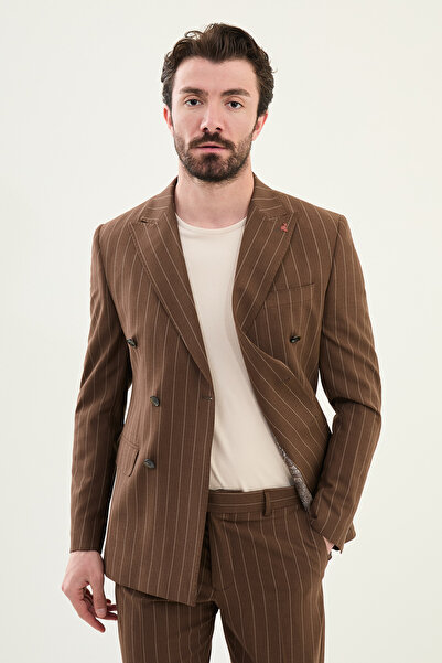 Mcr Çizgili Slim Fit Geniş Yaka Kruvaze Erkek Takım Elbise Kahve - 45403.25Y