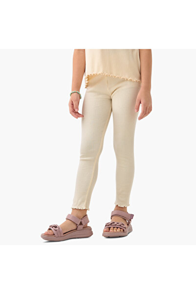 Juniors Ribbed Leggings with Elasticated Waistband and Lettuce Hem