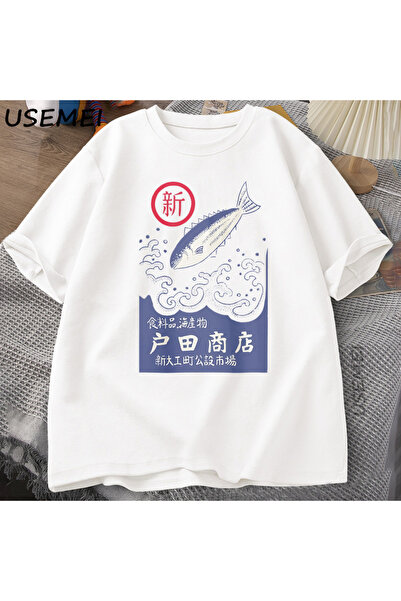 Tarzsokak تي شيرت ياباني عتيق برسومات على شكل سمكة مأكولات بحرية تي شيرت ريتر...