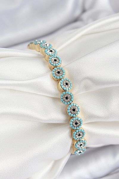 Clariss Brass Zircon Stone Turquoise Evil Eye Model Gold Color Elastic Women's Bracelet
