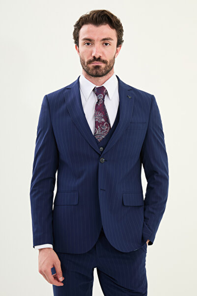 Mcr Çizgili Slim Fit Mono Yaka Yün Erkek Takım Elbise Açık Lacivert - 45401.25Y