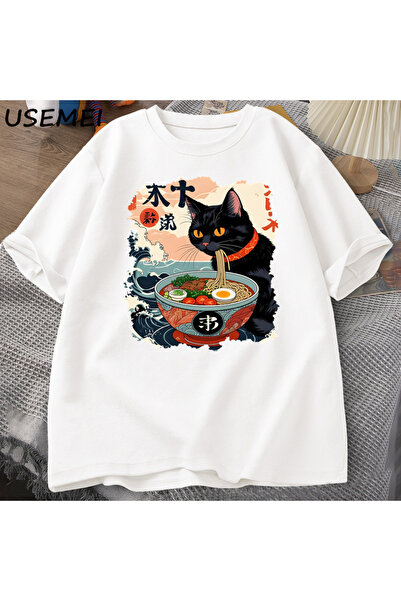 Tarzsokak Kawaii Kedi Anime Tshirt Ramen Japon Komik Grafik Tee Kawaii Şehriy...