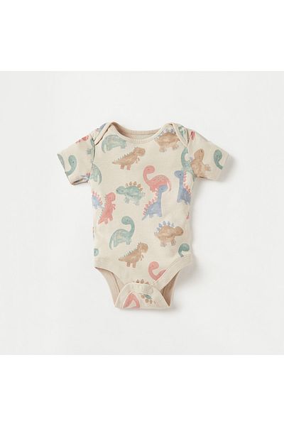 Juniors Dinosaur Print Bodysuit with Short Sleeves and Button Closure - Set of 3