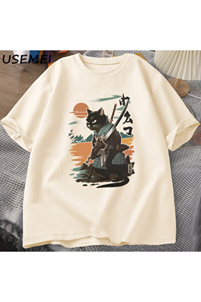 Tarzsokak تي شيرت ساموراي كات على الطراز الياباني تي شيرت كلاسيكي مصمم على شك...
