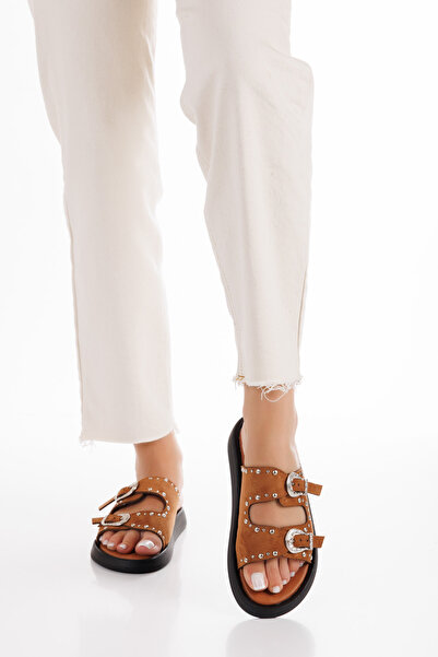 PASSAGE SHOES Women's Troc and Buckle Detailed Double Strap Slippers 6331 Taba