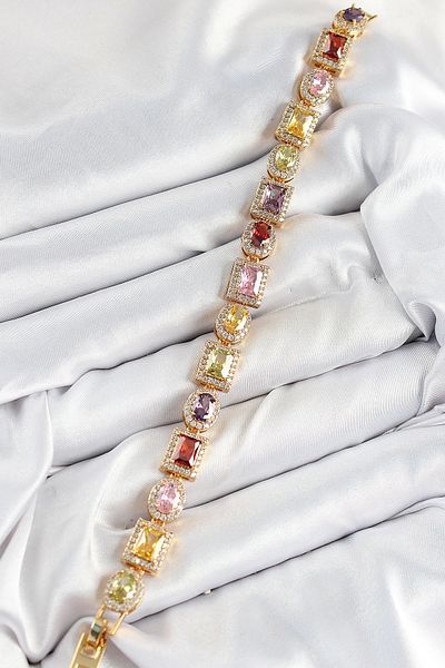 Clariss Brass Mixed Zircon Stone Baguette Model Gold Color Vip Series Women's Bracelet