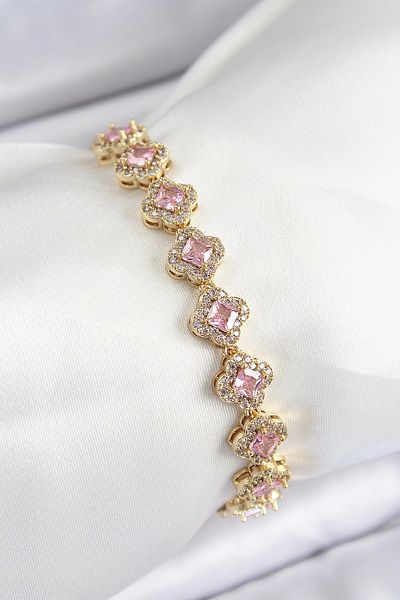 Clariss Brass Zircon Stone Pink Clover Baguette Model Gold Color Vip Series Women's Bracelet