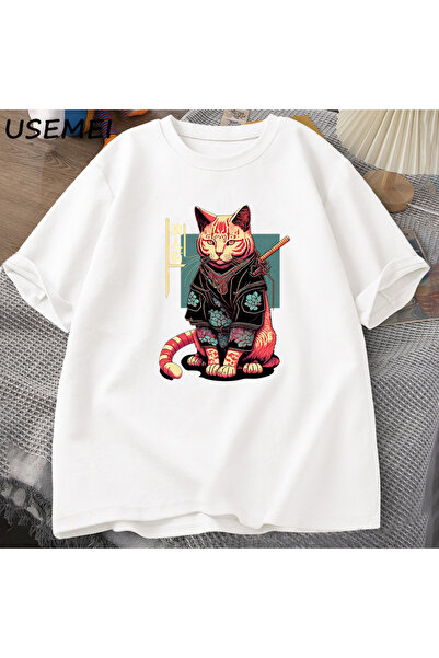 Tarzsokak Tricou cu grafică cu tatuaj de pisică samurai japoneză, tricou cu p...