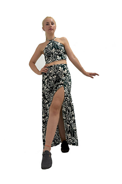 haha Green and White Patterned Skirt for Women - Crop Set