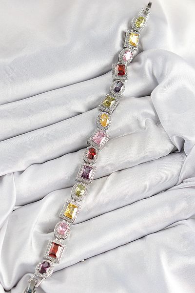 Clariss Brass Mixed Zircon Stone Baguette Model Silver Color Vip Series Women's Bracelet