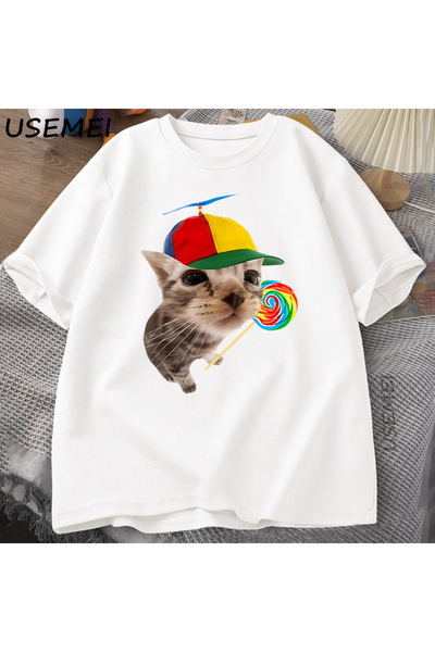 Tarzsokak Komik Kedi Grafik T Shirt Erkekler Kadınlar için Harajuku Pamuk kıs...